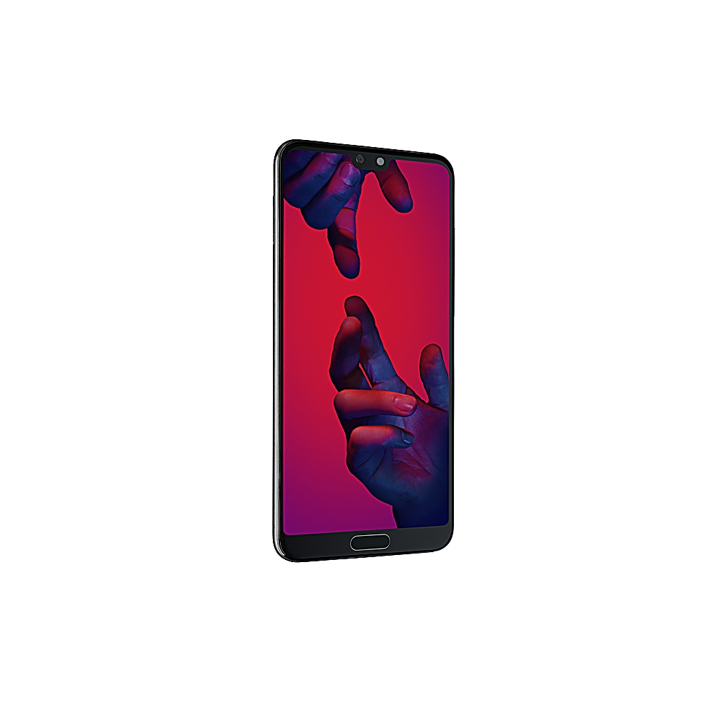Schwarzes Telefon mit Händen auf dem Bildschirm, rotem und blauem Farbverlauf im Hintergrund. Weißer Hintergrund.