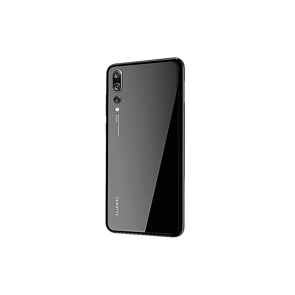 Schwarzes Huawei-Telefon, Rückansicht, mit Leica-Dreifachkamera. Glasoberfläche und HUAWEI-Schriftzug.