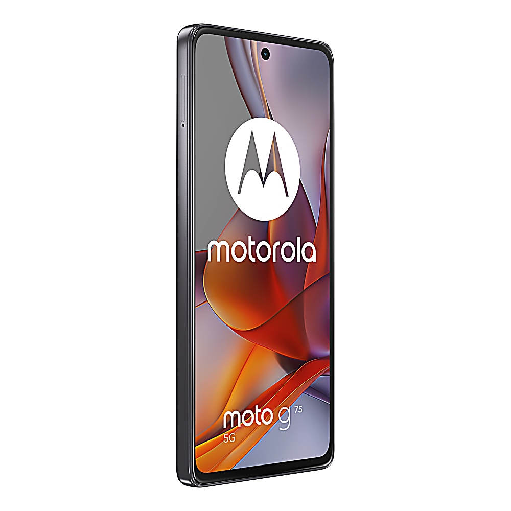Telefono Motorola con schermo con logo e testo. Cornice nera. Il telefono è su sfondo bianco.