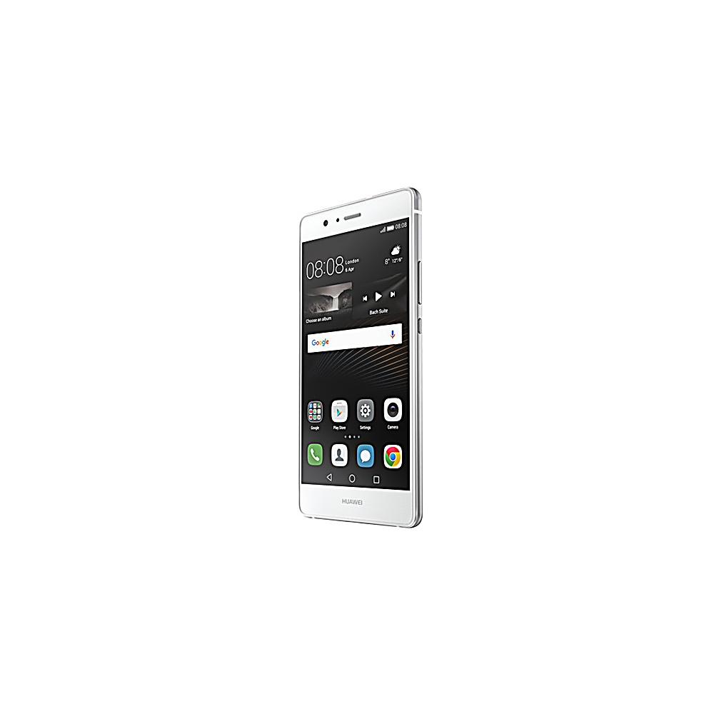 Weißes Huawei-Telefon, Winkelansicht. Bildschirm zeigt App-Symbole und Uhrzeit. Silberrahmen, weißer Hintergrund.