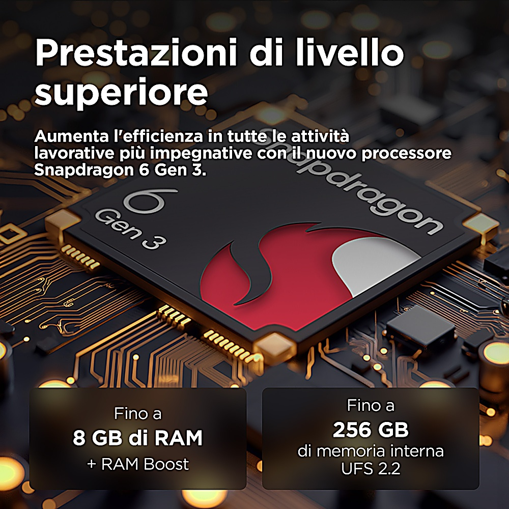 Componente del telefono con testo. Il componente è nero con rosso. Lo sfondo è sfocato con linee dorate.