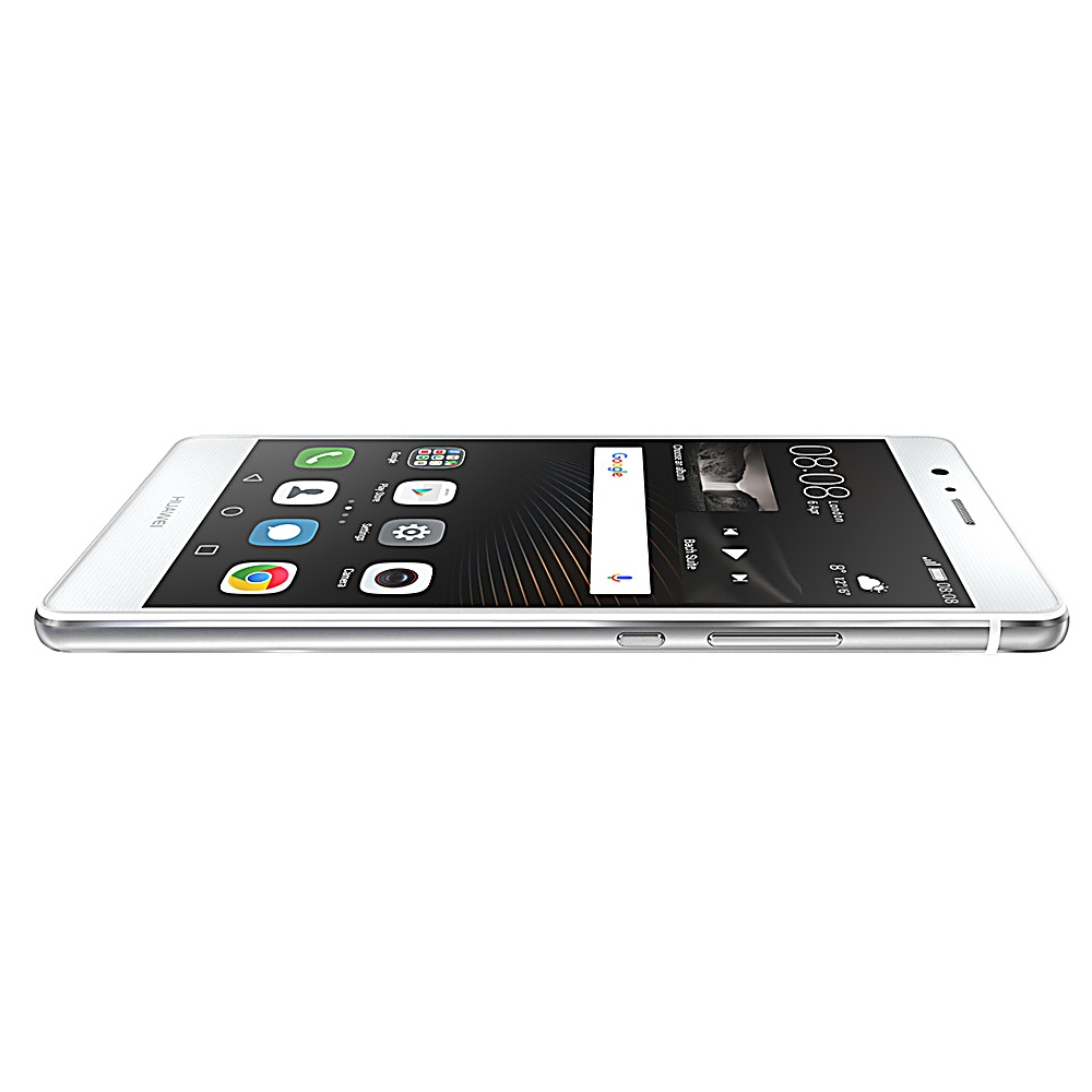 Weißes Huawei-Telefon, Draufsicht. Bildschirm zeigt Apps und Uhrzeit. Silberrahmen, weißer Hintergrund.