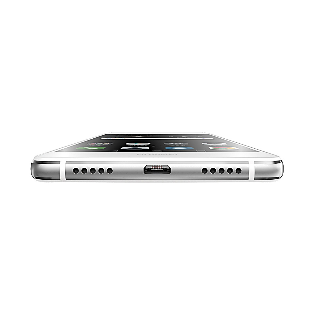 Weißes Huawei-Telefon, Unteransicht. Zeigt Lautsprecher, Ladeanschluss und Silberrahmen. Weißer Hintergrund.