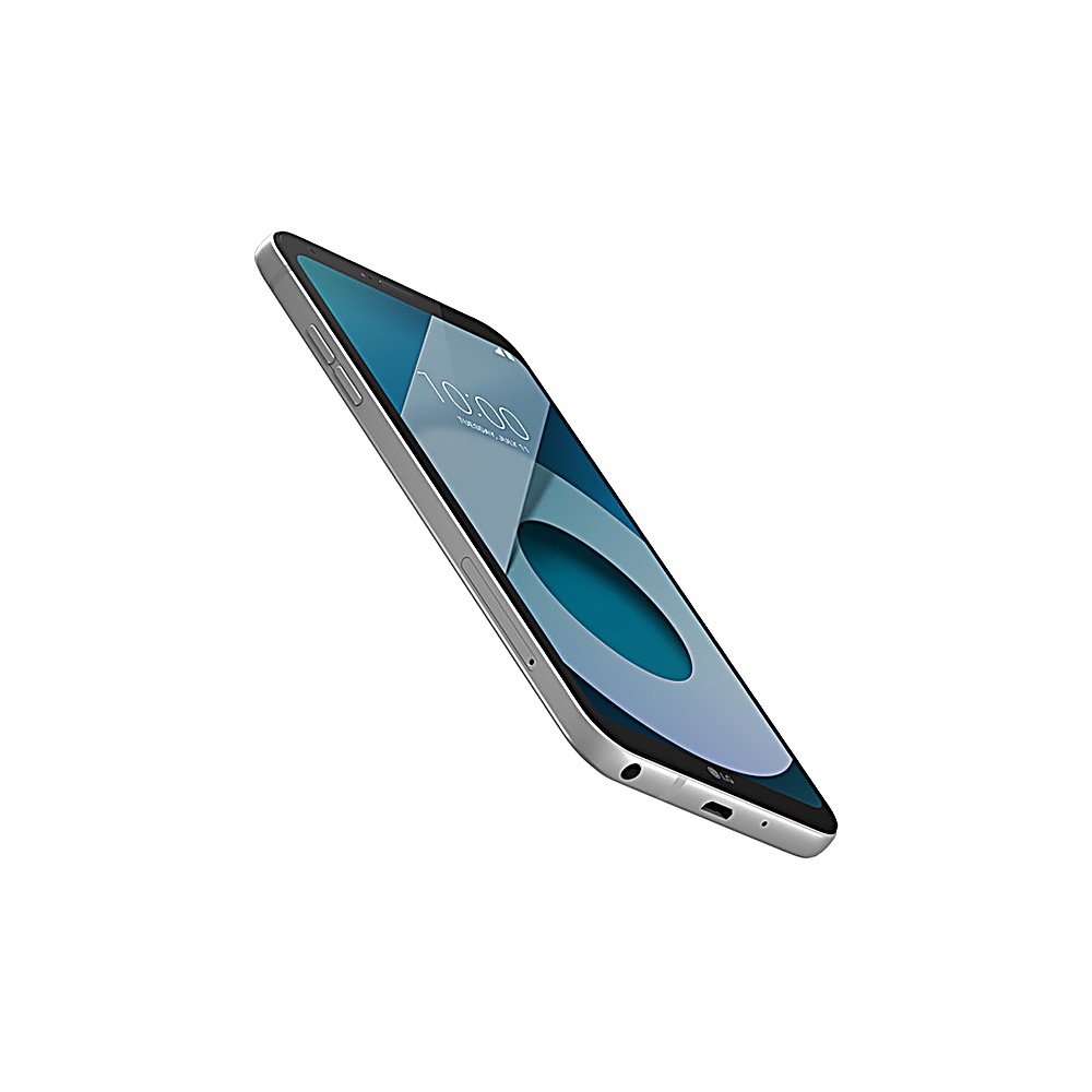 Un telefono LG è mostrato ad angolo. Lo schermo mostra un'ora e un design bianco/verde acqua.