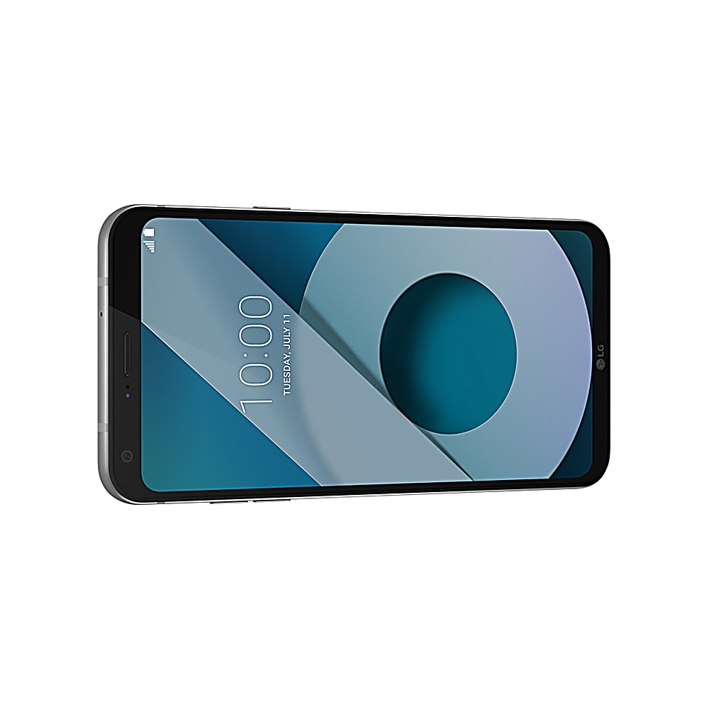 Telefono nero che mostra un orologio digitale e un design circolare su sfondo blu.