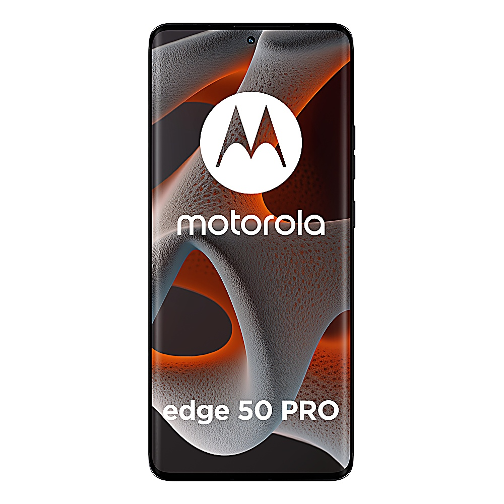 Telefono Motorola nero con schermo curvo, mostra il fronte.