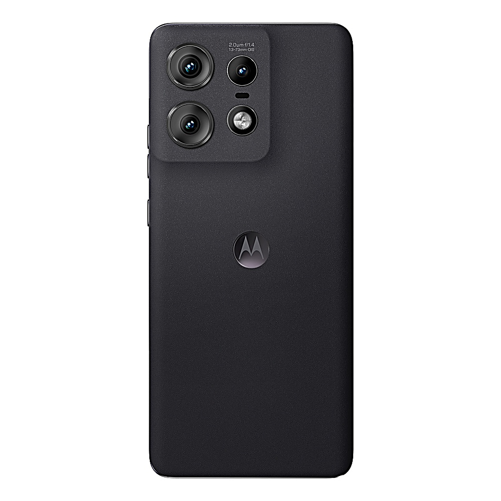 Retro del telefono Motorola nero, con più fotocamere e logo Motorola. Sfondo grigio scuro.