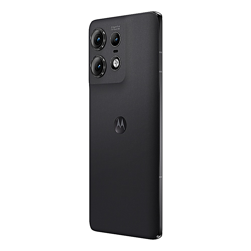Retro del telefono Motorola nero. Più fotocamere e logo Motorola su superficie grigio scuro.