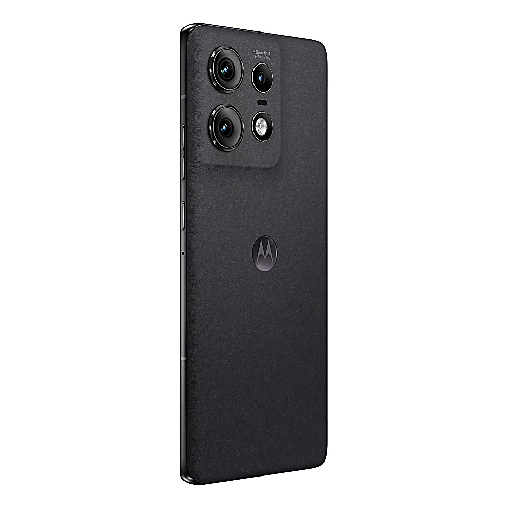 Retro del telefono Motorola nero. Più fotocamere e logo Motorola su superficie grigio scuro.