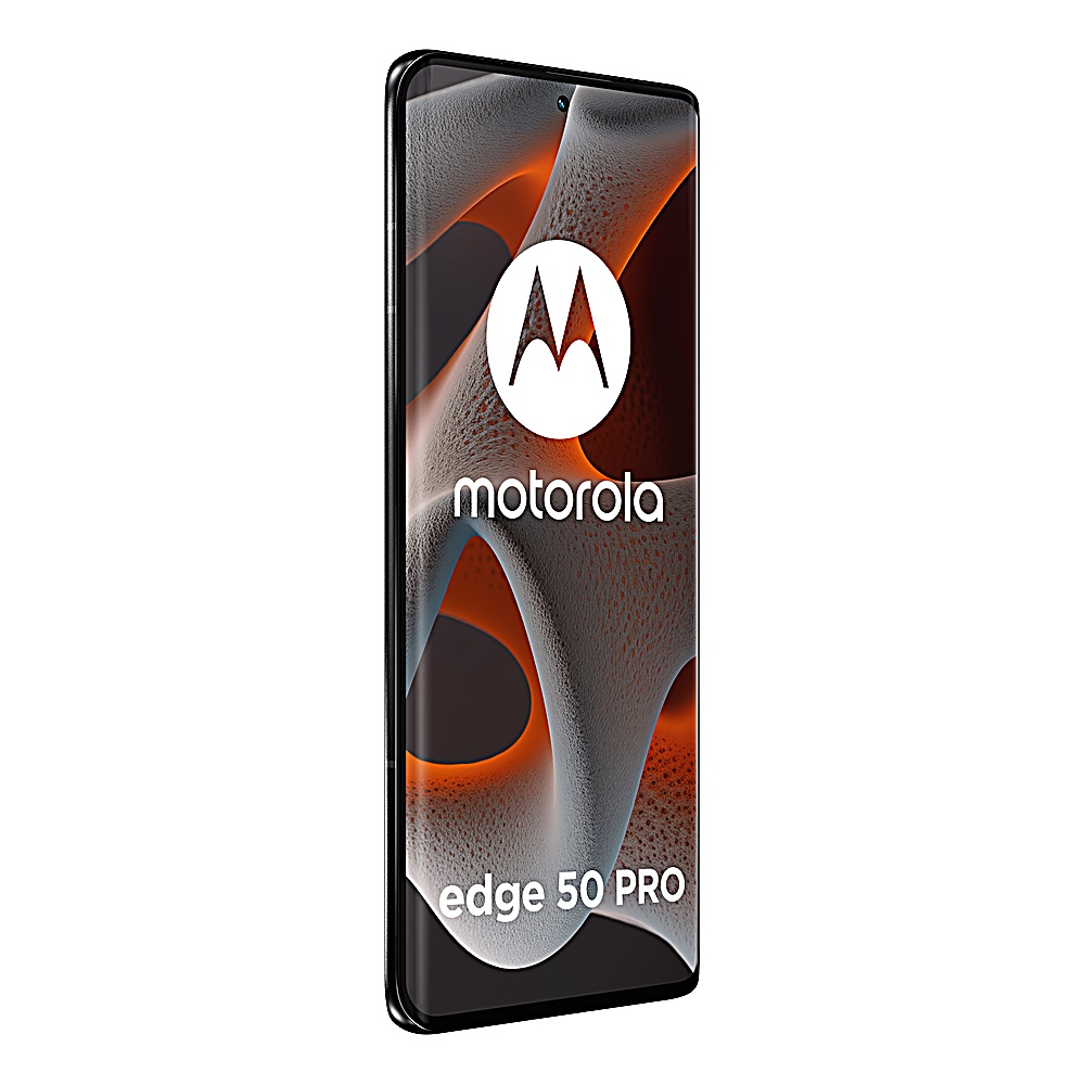 Telefono Motorola nero, che mostra lo schermo con il logo e il testo Motorola. Sfondo bianco.