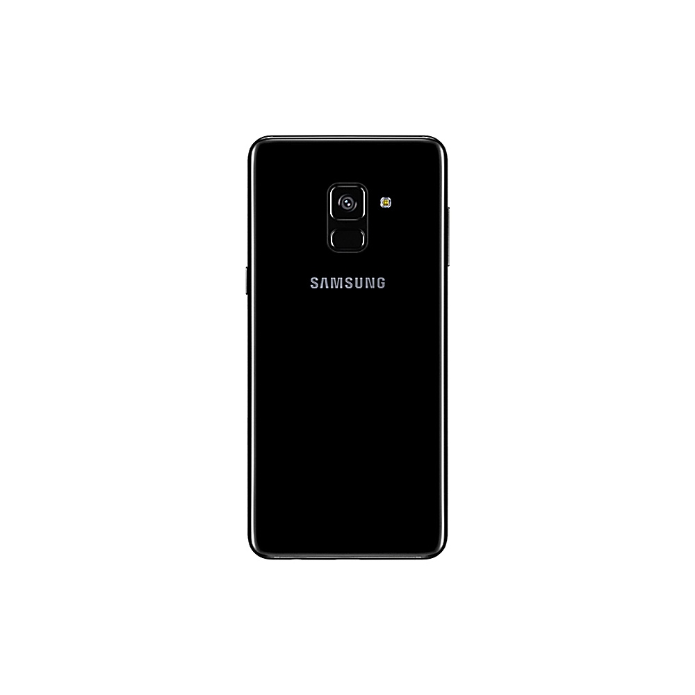 Retro di smartphone nero, con fotocamera e logo Samsung su sfondo bianco.
