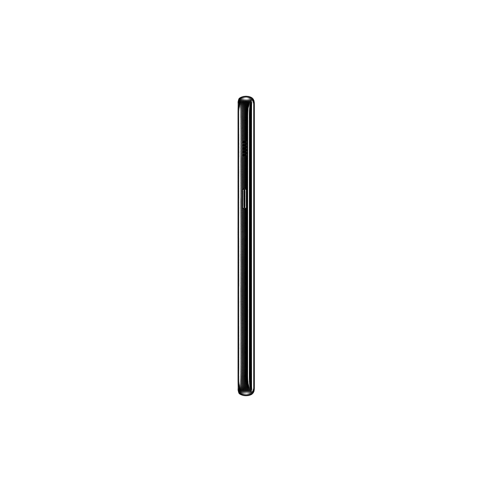 Vista laterale di uno smartphone nero, profilo sottile su sfondo bianco.