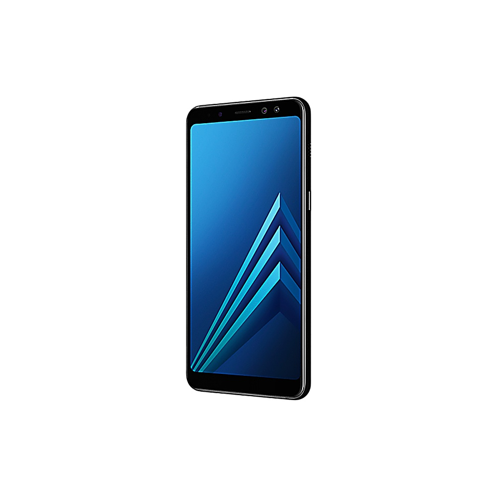 Smartphone nero angolato, con schermo sfumato blu e bianco, su sfondo bianco.