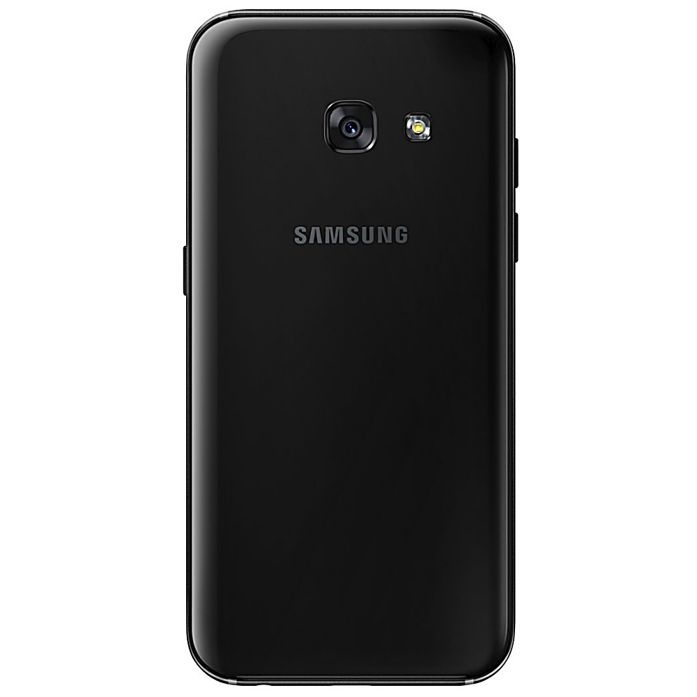 Rückseite eines schwarzen Samsung-Telefons mit Kamera und Samsung-Logo. Isoliert auf Weiß.