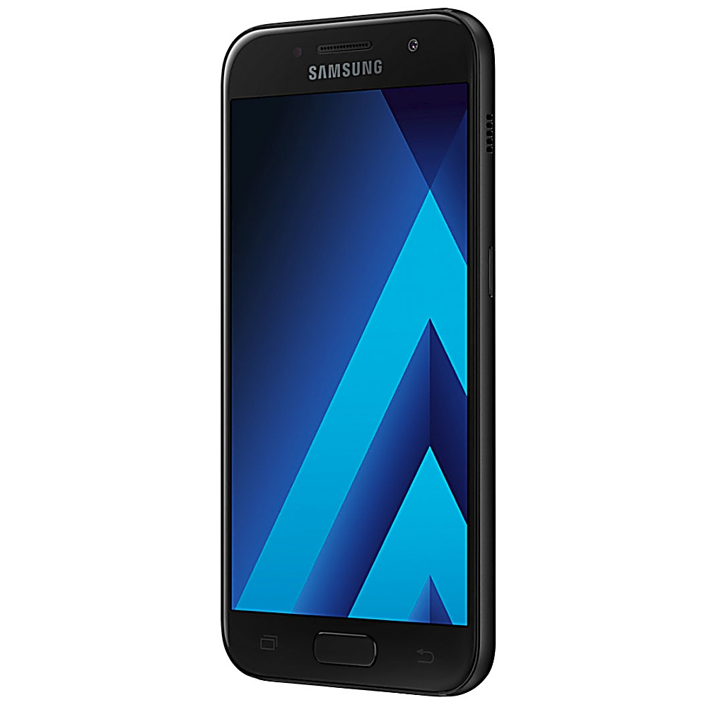 Ein schwarzes Samsung-Telefon wird schräg gezeigt. Der Bildschirm zeigt ein blaues abstraktes Design.