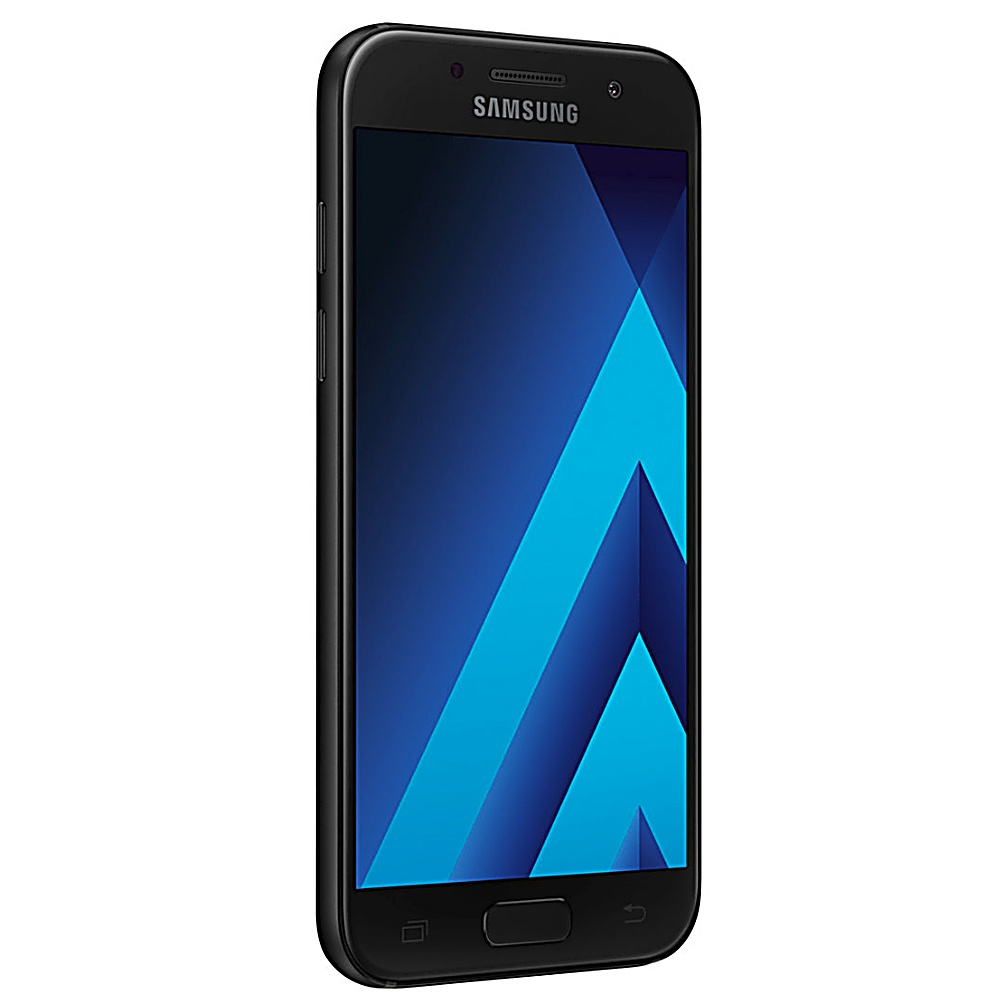 Ein schwarzes Samsung-Telefon wird schräg gezeigt. Der Bildschirm zeigt ein blaues abstraktes Design.