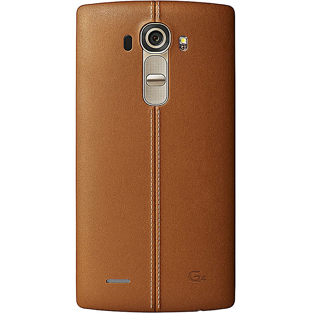 Il retro di uno smartphone in pelle marrone con fotocamera e cucitura centrale.