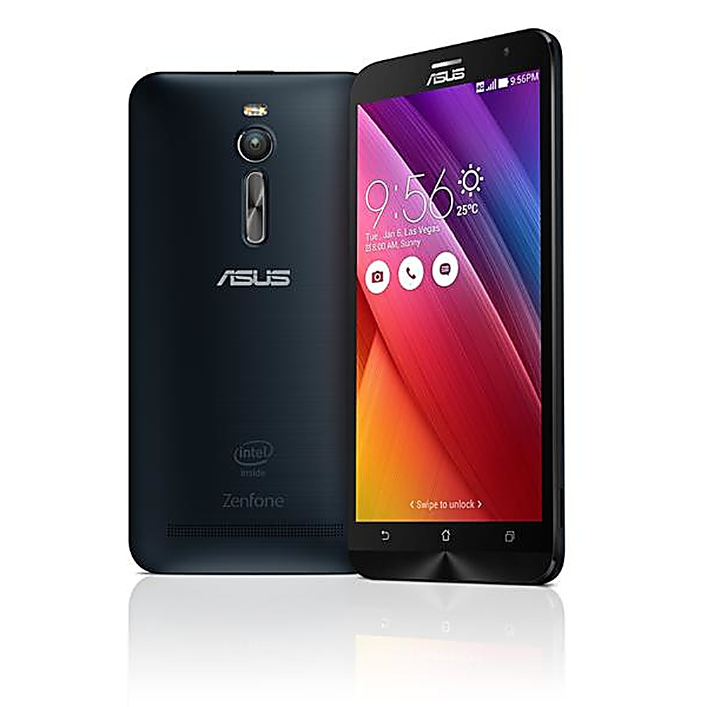 Telefono Asus nero e il suo retro. Visualizzazione dell'ora e delle icone delle app. Sfondo bianco.