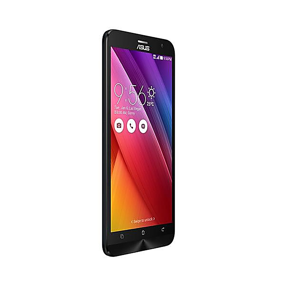 Telefono ASUS nero angolato. Schermo mostra 9:56, sfondo colorato.