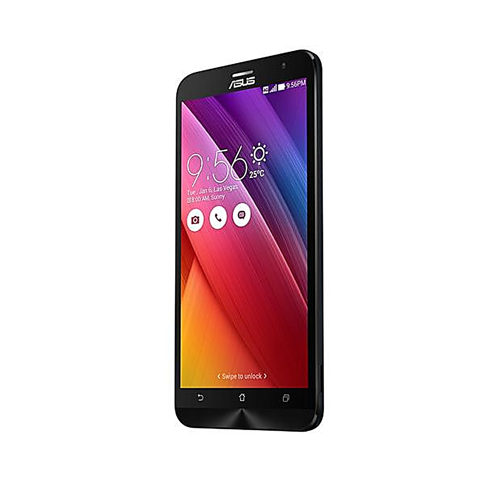Telefono ASUS nero angolato. Schermo mostra 9:56, sfondo colorato.