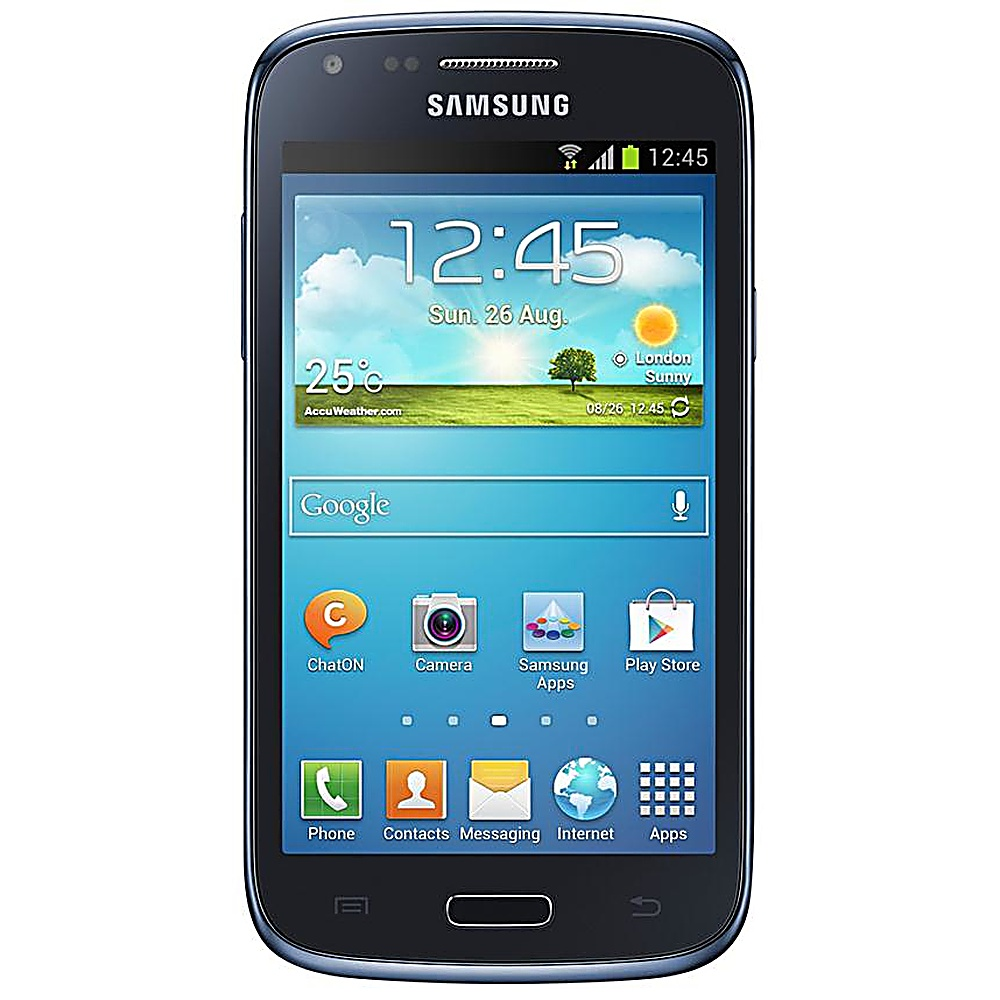 Un telefono Samsung blu e nero con un'interfaccia che mostra ora, data, meteo e icone delle app sullo schermo.
