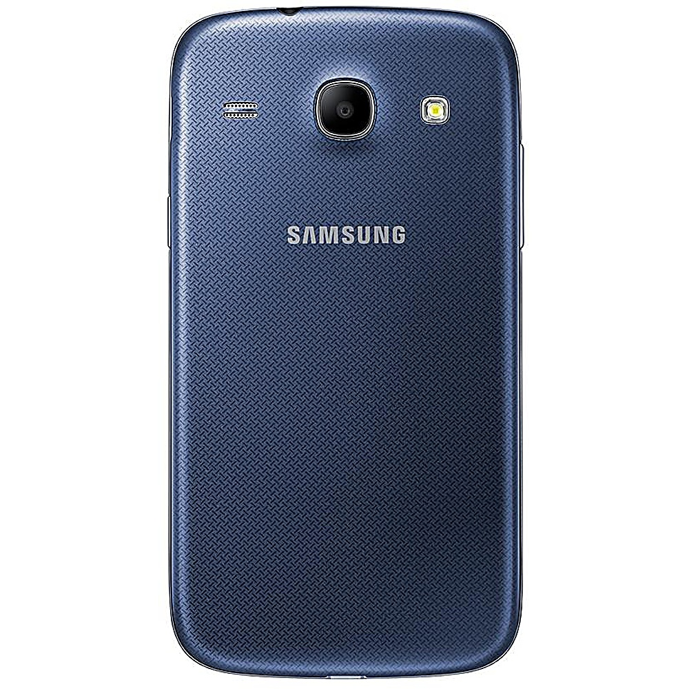 Retro di un telefono Samsung blu. Superficie testurizzata, fotocamera, flash e logo Samsung.
