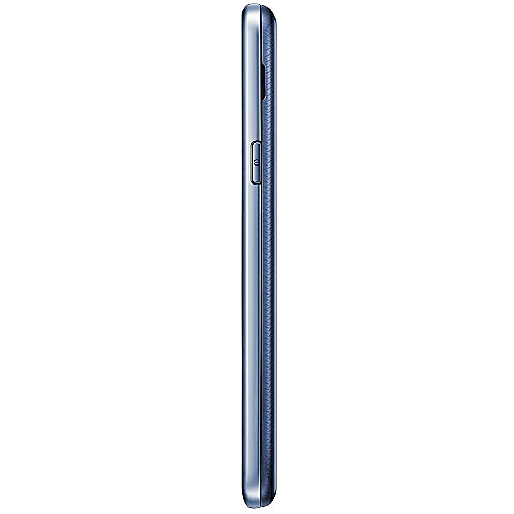 Vista laterale di un telefono Samsung blu, che mostra un bilanciere del volume e un pulsante di accensione, con un motivo strutturato.