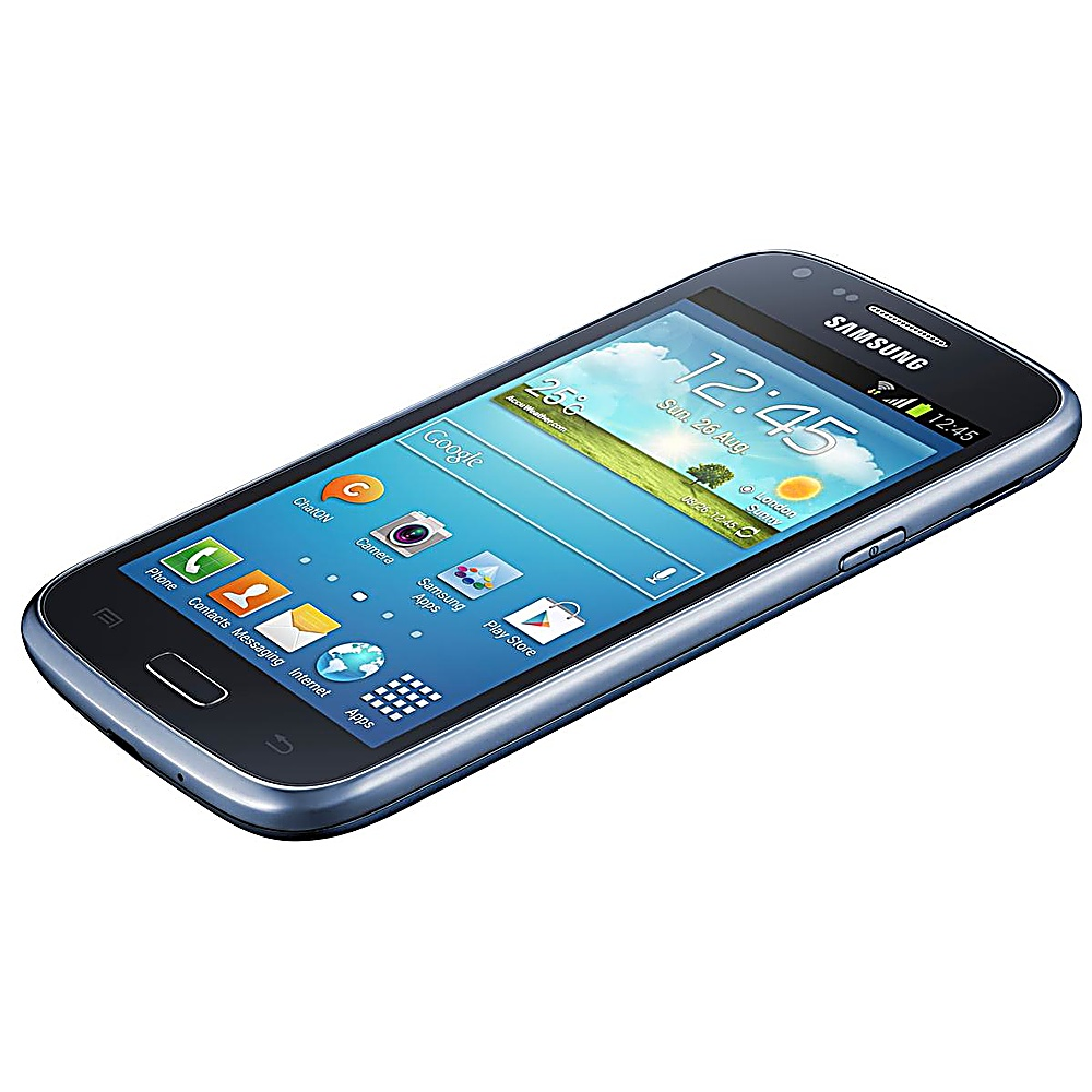 Un telefono Samsung angolato verso lo spettatore, che mostra uno schermo con ora, meteo e icone delle app.