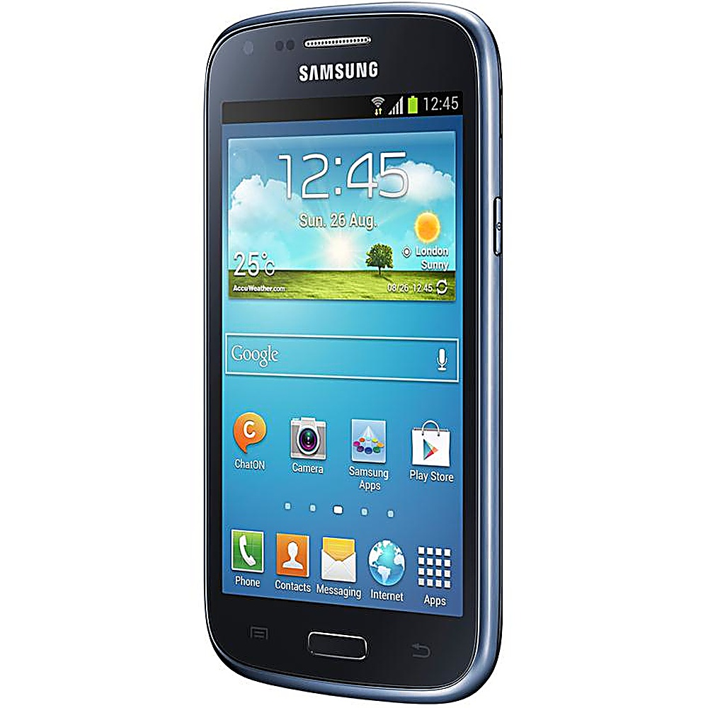 Un telefono Samsung blu e nero, che mostra uno schermo con ora, data, meteo e icone delle app.