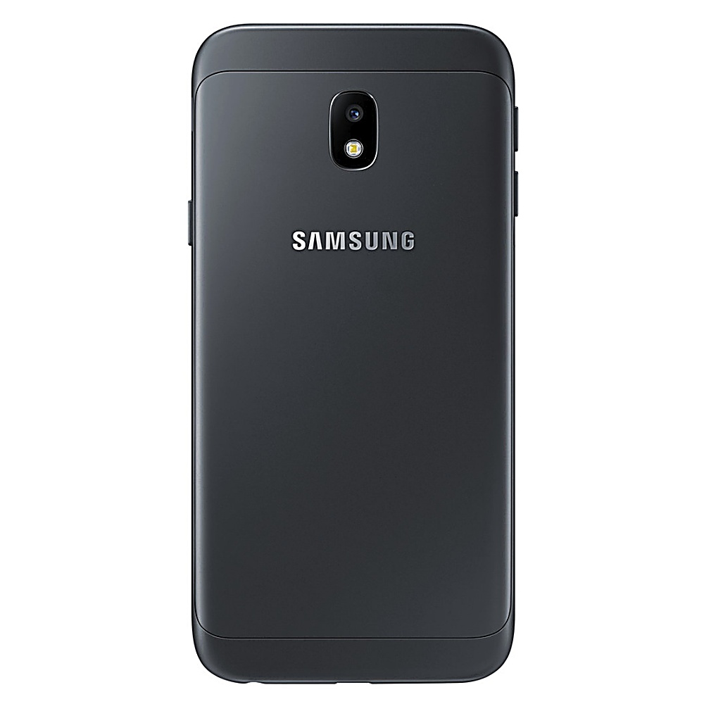 Schwarze Samsung Telefon Rückseite mit Kamera und Samsung Logo, isoliert auf weißem Hintergrund.