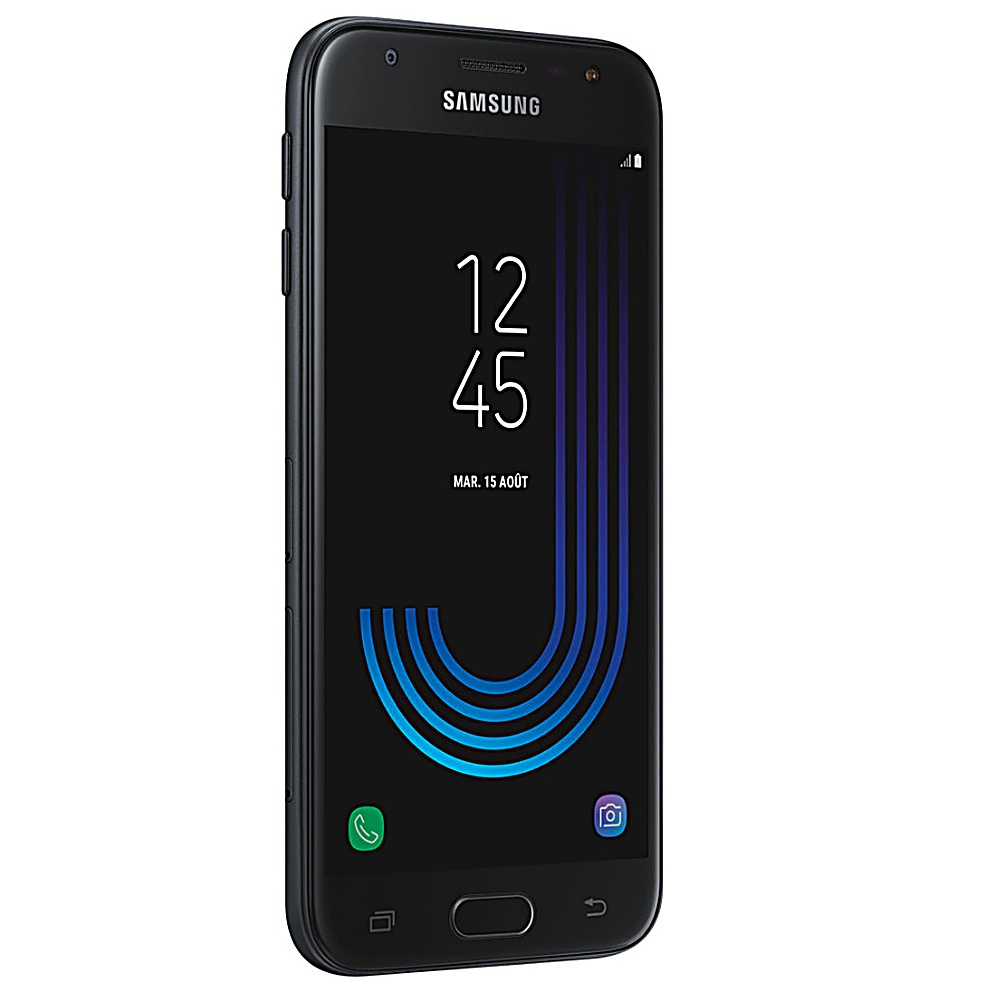 Schwarzes Samsung-Telefon mit schwarzem Bildschirm, der Zeit, Datum und blaues Design zeigt. Weißer Hintergrund.