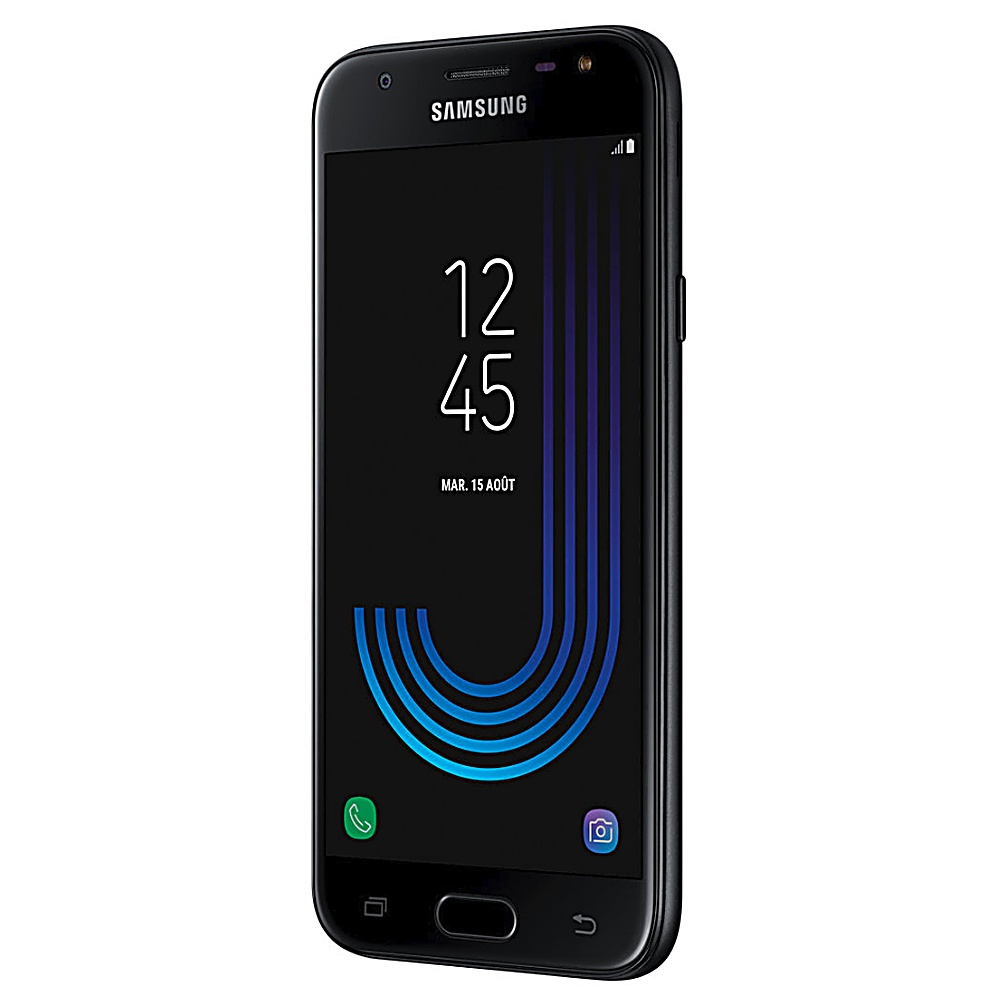 Schwarzes Samsung-Telefon mit Bildschirm, der Zeit, Datum und blaues Design zeigt, auf weißem Hintergrund.