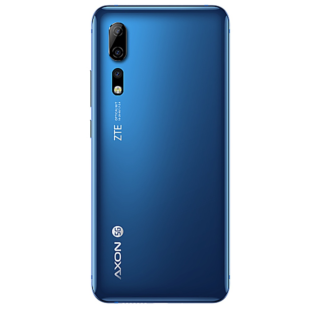 Die Rückseite eines blauen ZTE Axon 5G-Telefons mit zwei Kameras und den Axon- und ZTE-Logos. Es hat ein glänzendes Finish.