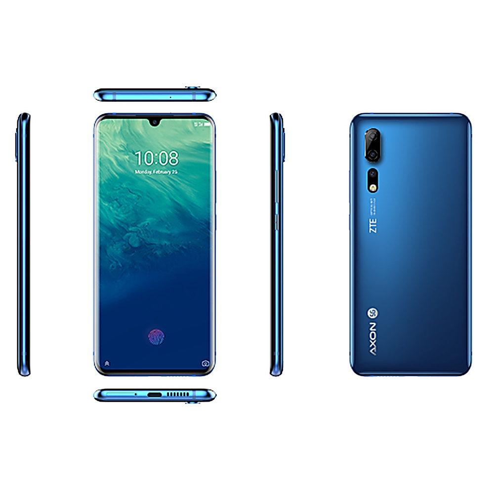 Ein ZTE Axon 5G-Telefon mit verschiedenen Ansichten: Vorderseite, Seiten und Rückseite. Es ist blau mit großem Bildschirm und Kameras.