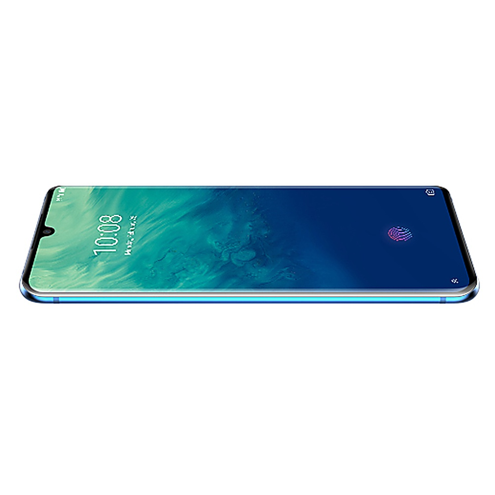 Ein blaues Telefon zeigt einen blauen Farbverlauf an. Die Uhrzeit ist auf dem Bildschirm in horizontaler Position sichtbar.