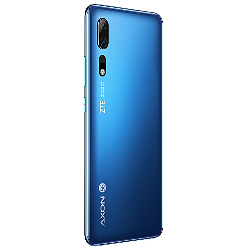 Rückseite des blauen ZTE Axon 5G-Telefons mit Kameralinsen. Weißer Hintergrund.