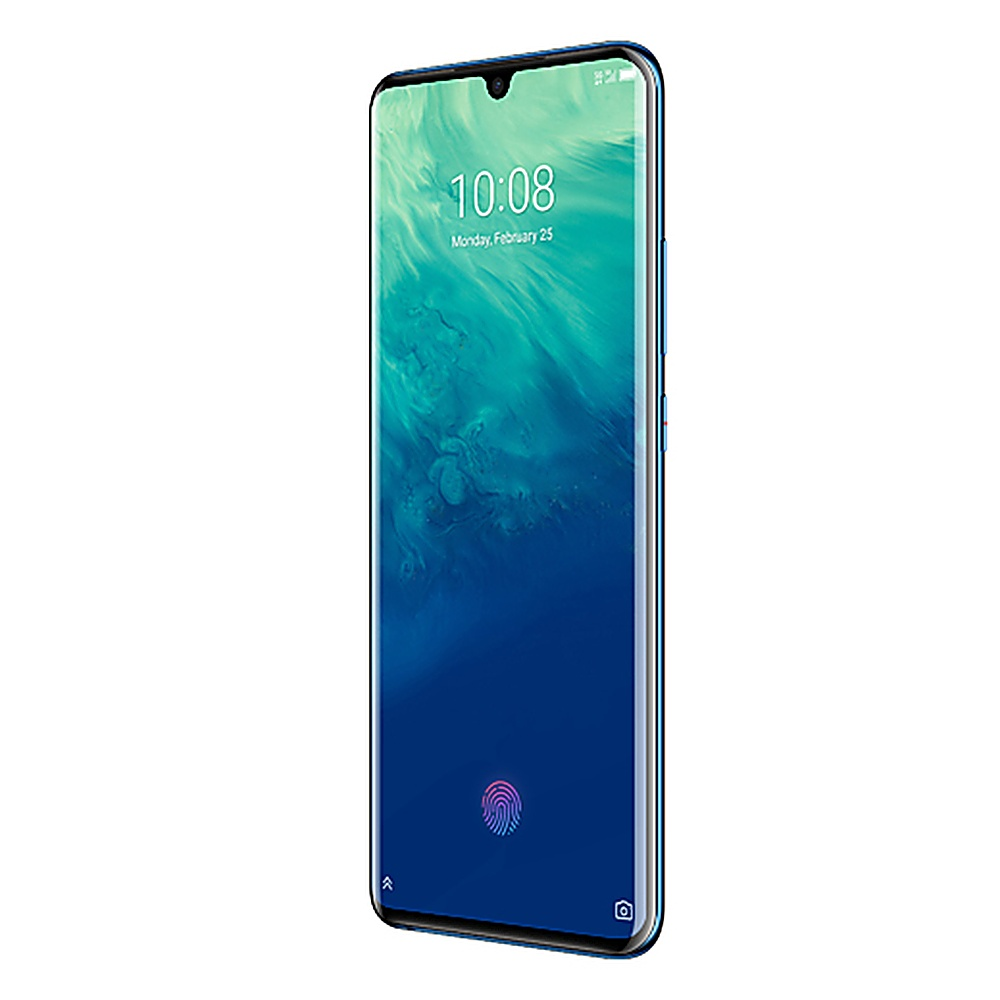 Ein blaues Smartphone in einem Winkel, das einen blauen Farbverlaufshintergrund anzeigt. Der Bildschirm zeigt die Uhrzeit und ein Fingerabdrucksymbol.