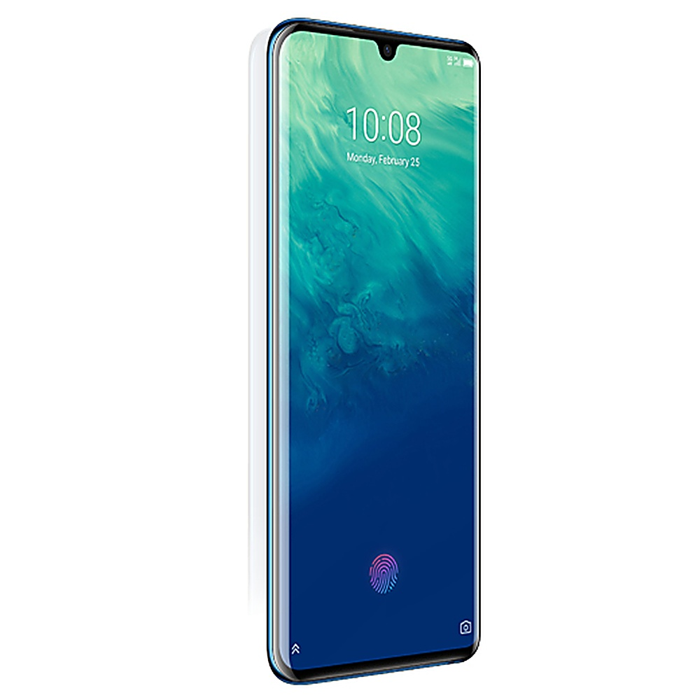 Ein blaues Smartphone wird in einem Winkel angezeigt und zeigt einen blauen Farbverlauf mit der angezeigten Uhrzeit.