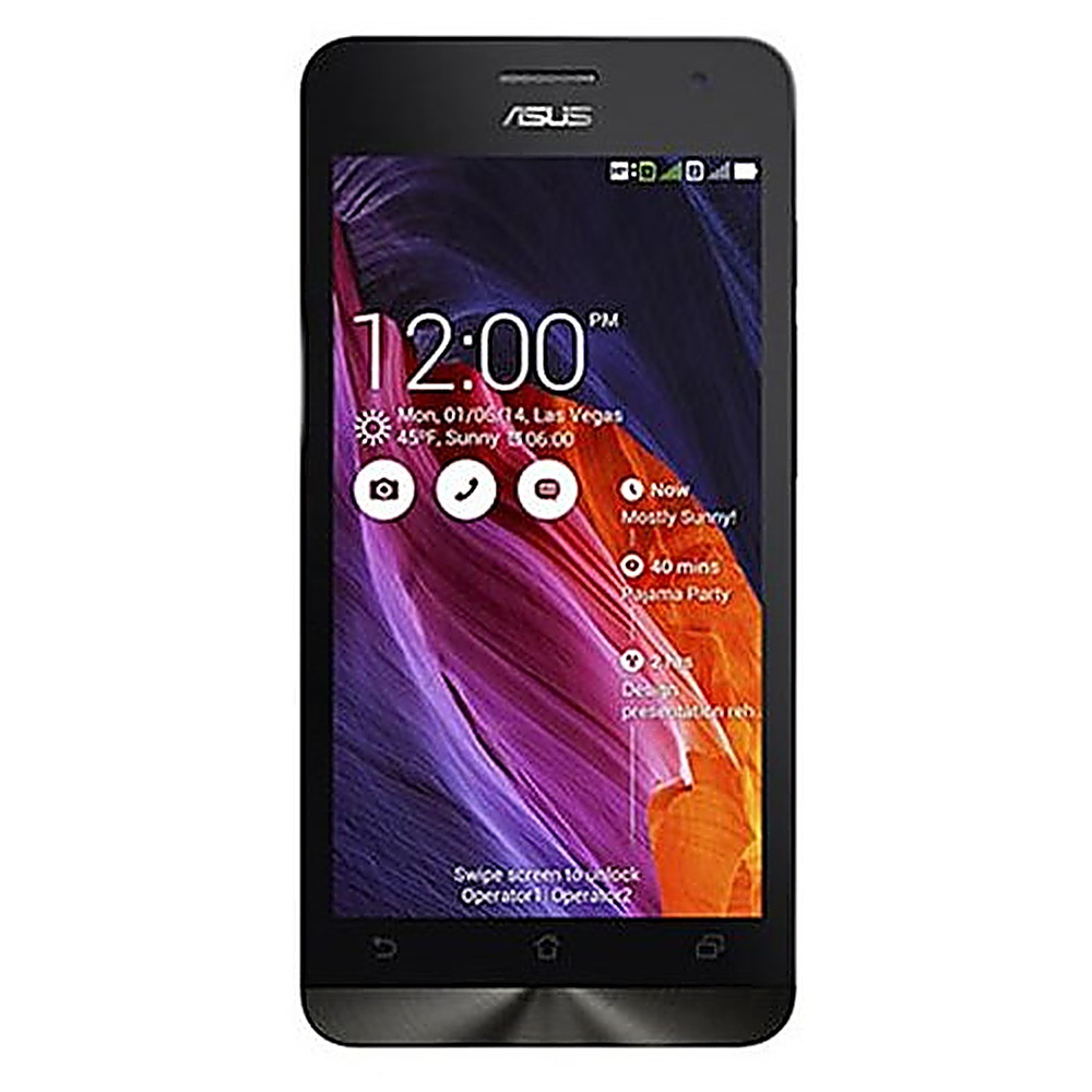 Schermo del telefono nero con icone delle app, ora e data, logo Asus, su sfondo bianco.