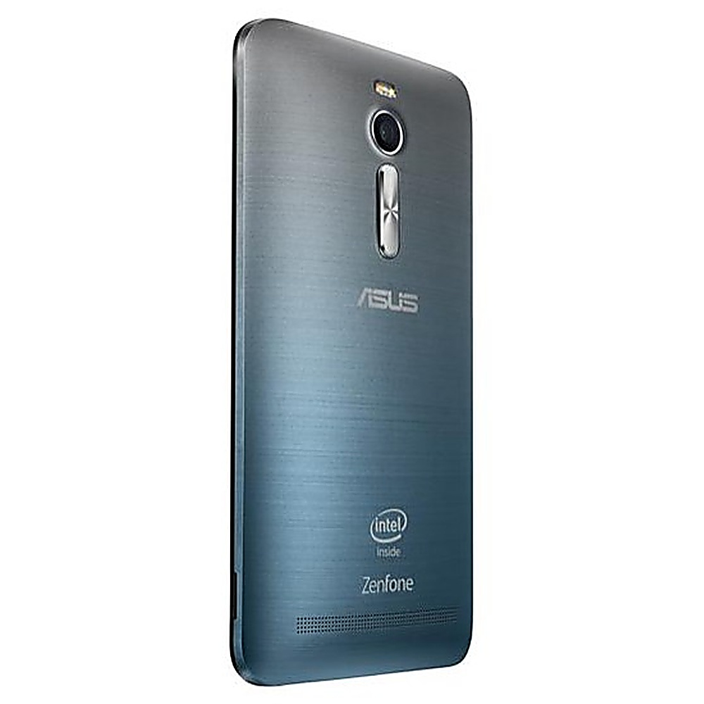 Retro di un telefono ASUS grigio con Intel inside. Il telefono ha fotocamera e flash.