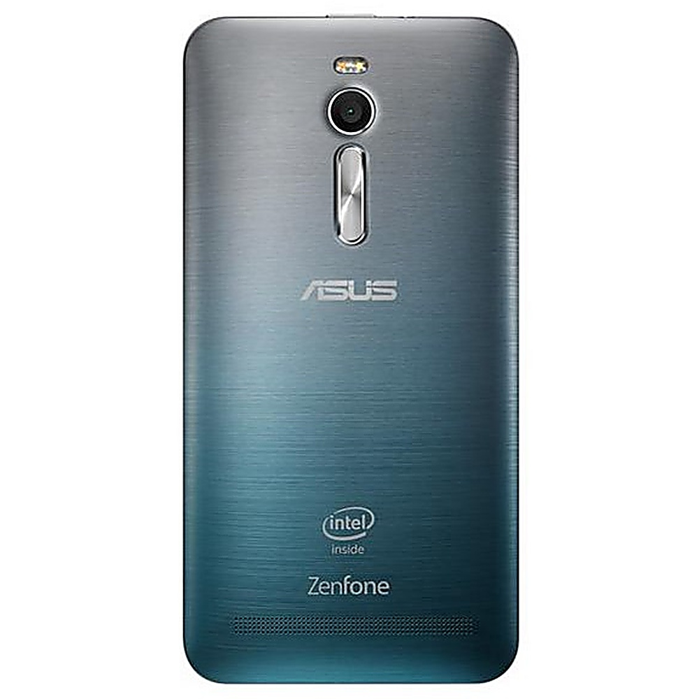 Retro di un telefono Asus, gradiente blu, con fotocamera e logo Intel inside.