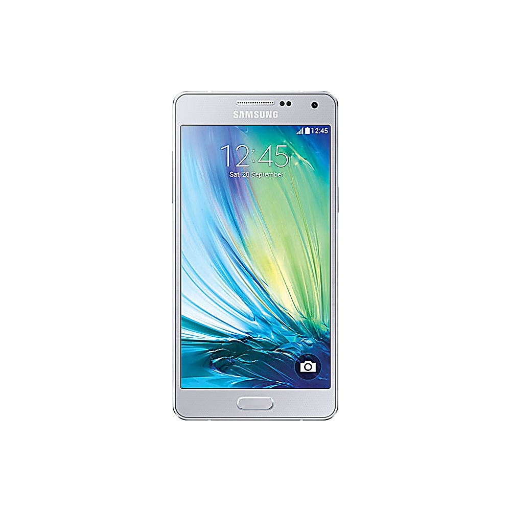 Vista frontale del telefono Samsung argentato. Lo schermo mostra l'ora, sfondo bianco.