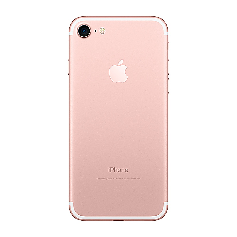 Retro iPhone 7 oro rosa. Logo Apple, fotocamera e testo iPhone, sfondo bianco.