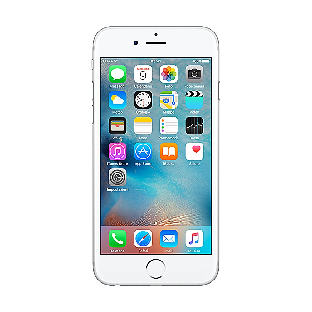 iPhone bianco con icone sullo schermo. Lo schermo mostra le app. Sfondo bianco.