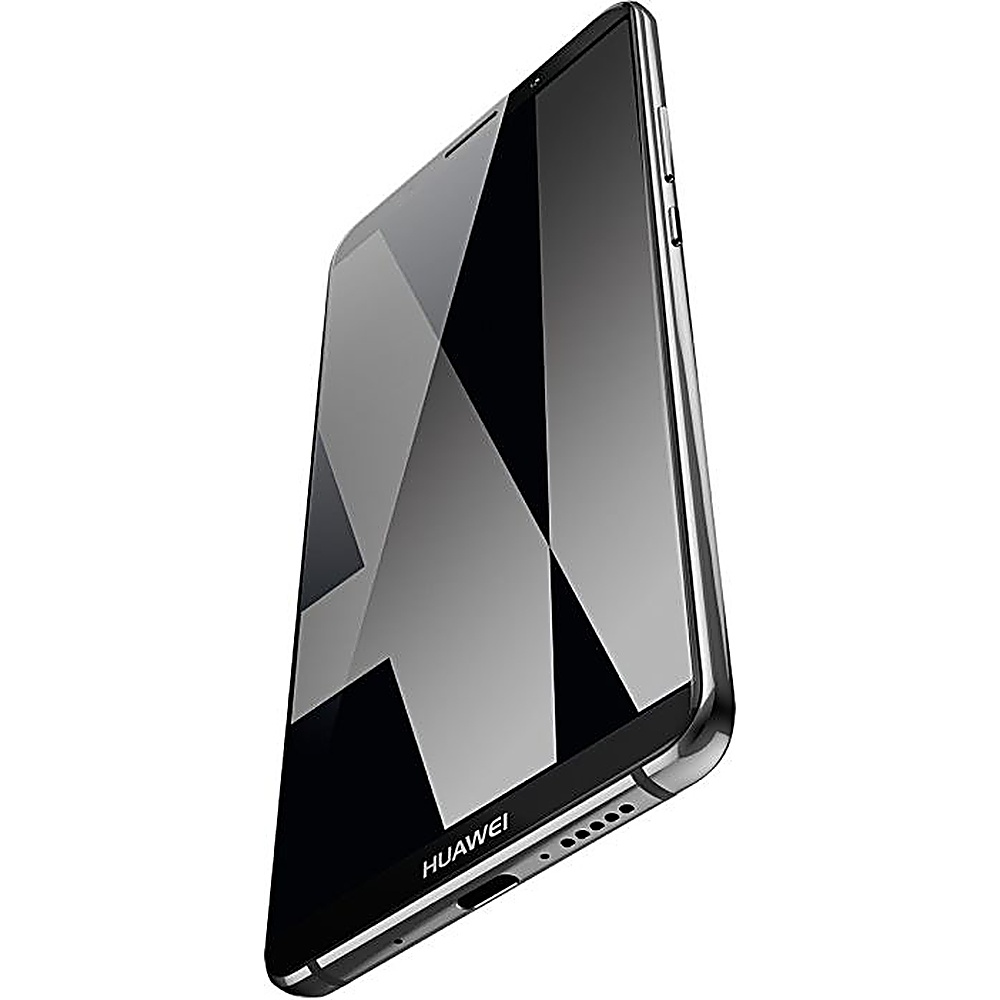 Schwarzes Huawei-Telefon, Seitenansicht. Zeigt den Bildschirm mit einem Reflexionsmuster.