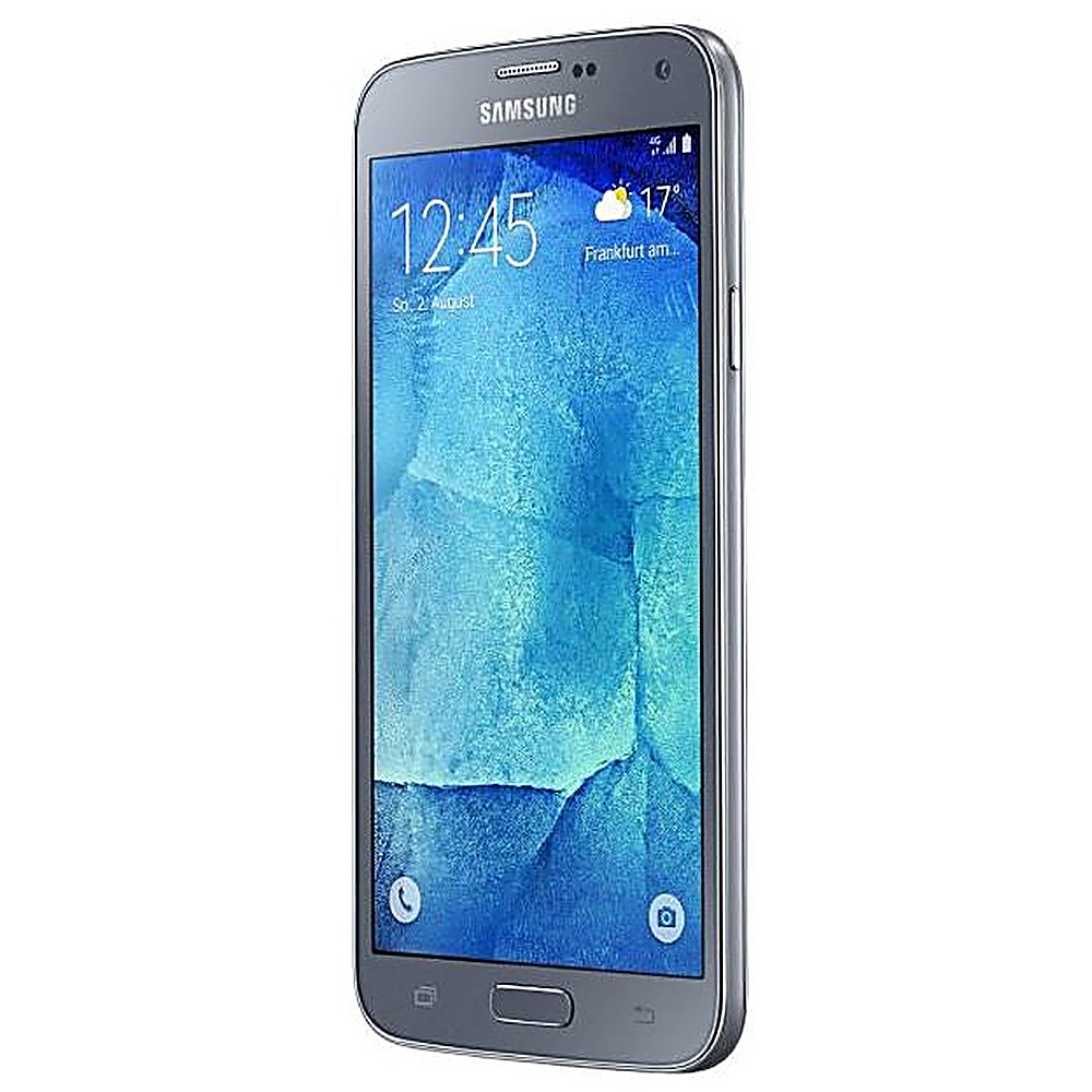 Das silberne Samsung zeigt 12:45, So, 27. August und 17° Frankfurt am... auf einem blau strukturierten Hintergrund.