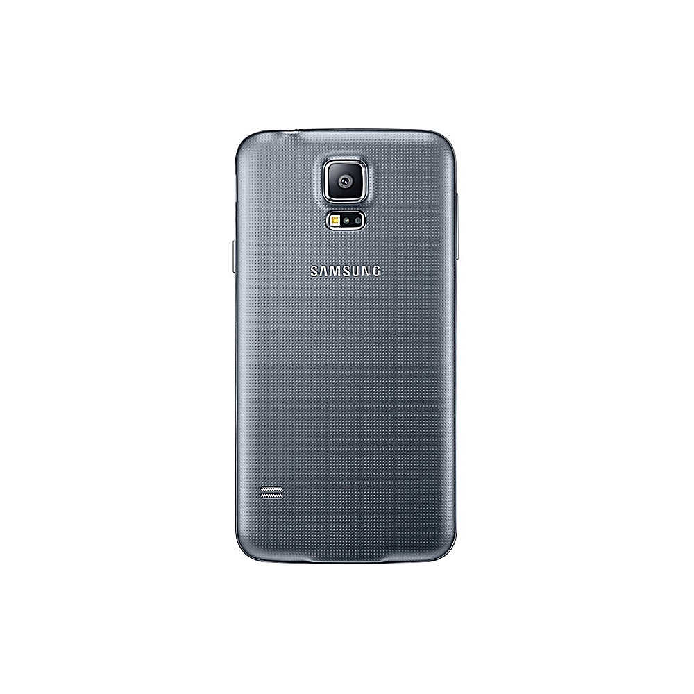 Ein graues Samsung-Handy wird von der Rückseite gezeigt und verfügt über eine Kamera, einen Blitz und einen Lautsprecher auf einer strukturierten Oberfläche.
