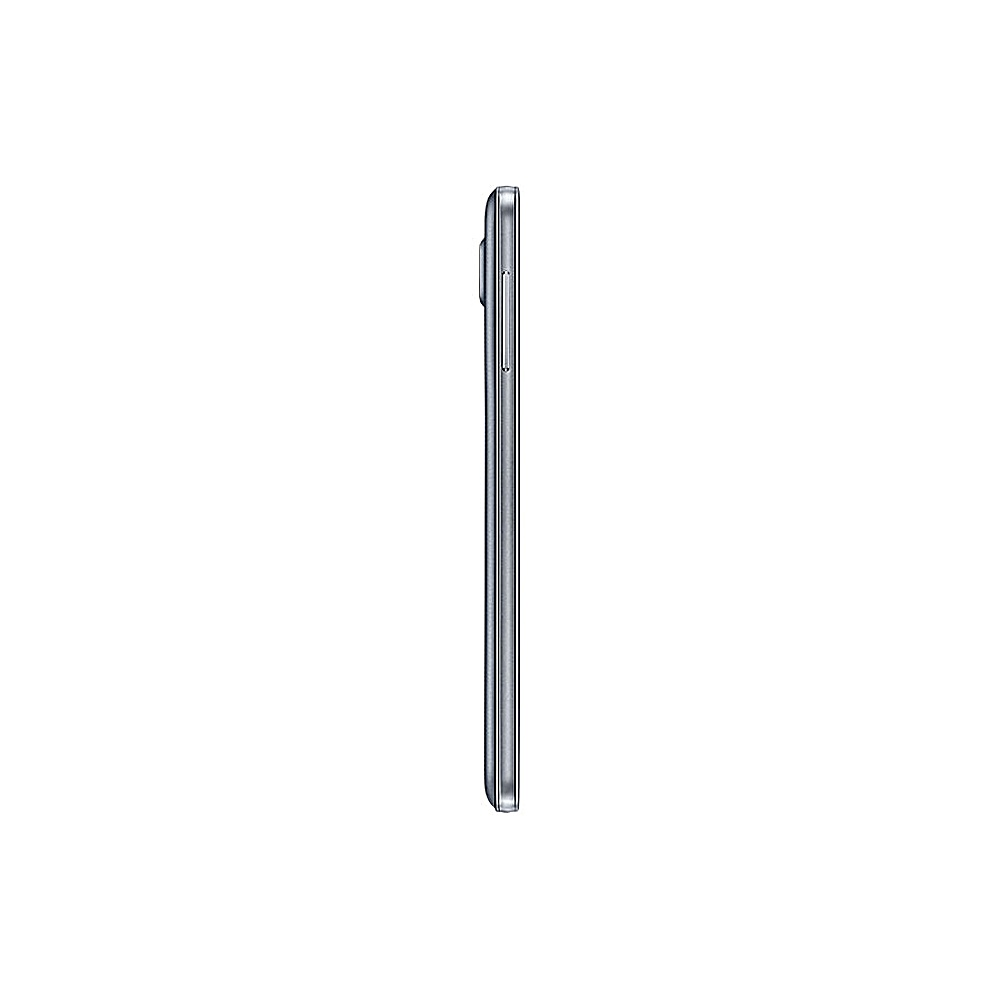 Ein graues Samsung-Handy ist vertikal positioniert und zeigt sein schlankes Profil vor einem weißen Hintergrund.