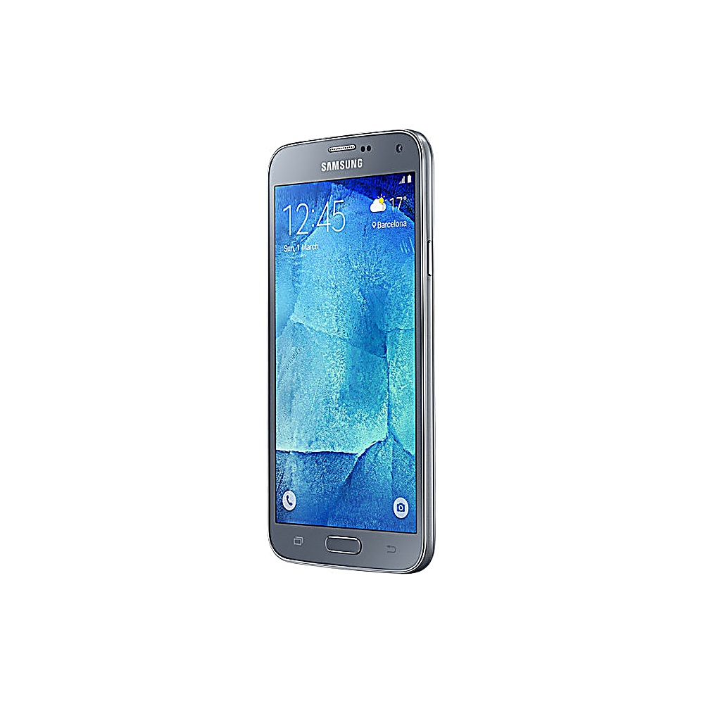 Samsung-Telefon, silberner Rahmen, zeigt Bildschirm mit Zeit- und Wetterinformationen.