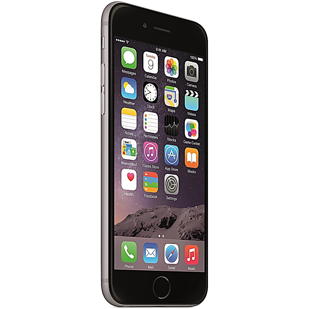 iPhone nero. Lo schermo mostra le icone delle app. Il telefono è angolato, mostrando il tasto home e i pulsanti laterali.